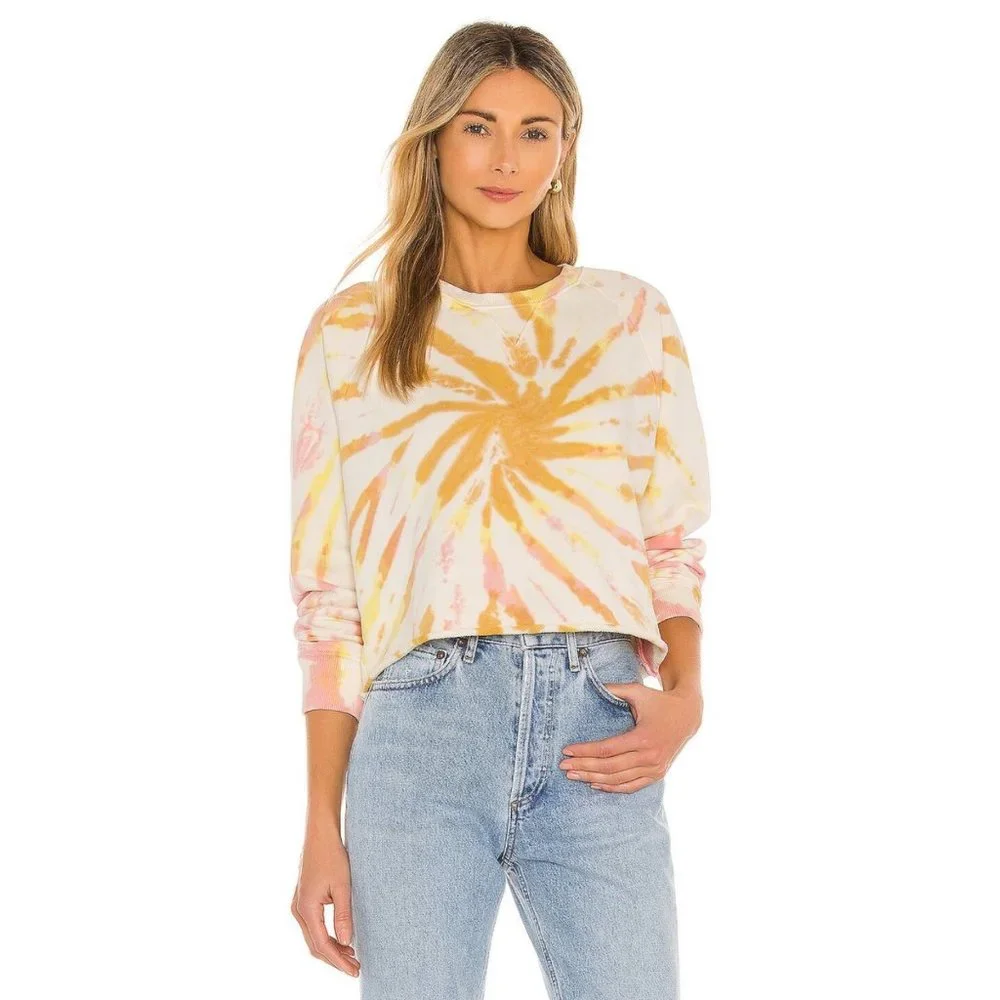 MOTHER The Loafer Crop Fray Sweatshirt In Coral Haze & Lemon - Picture 9 of 10
